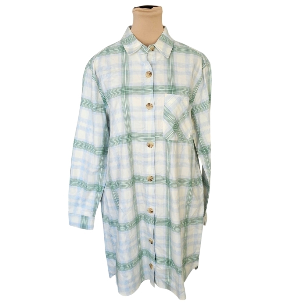 NWT Hudson North Light Green and Blue Button Up Collared Flannel Shirt Sz M